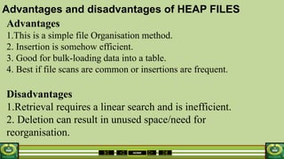 HOME
Advantages and disadvantages of HEAP FILES
Advantages
1.This is a simple file Organisation method.
2. Insertion is somehow efficient.
3. Good for bulk-loading data into a table.
4. Best if file scans are common or insertions are frequent.
Disadvantages
1.Retrieval requires a linear search and is inefficient.
2. Deletion can result in unused space/need for
reorganisation.
 