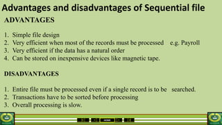HOME
Advantages and disadvantages of Sequential file
ADVANTAGES
1. Simple file design
2. Very efficient when most of the records must be processed e.g. Payroll
3. Very efficient if the data has a natural order
4. Can be stored on inexpensive devices like magnetic tape.
DISADVANTAGES
1. Entire file must be processed even if a single record is to be searched.
2. Transactions have to be sorted before processing
3. Overall processing is slow.
 