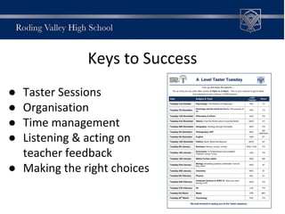Keys to Success
● Taster Sessions
● Organisation
● Time management
● Listening & acting on
teacher feedback
● Making the right choices
 