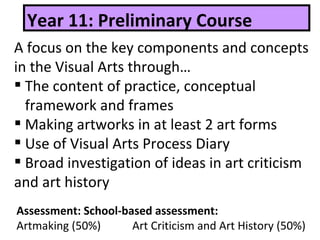   Year 11: Preliminary Course    Assessment: School-based assessment: Artmaking (50%)   Art Criticism and Art History (50%) A focus on the key components and concepts  in the Visual Arts through… The content of practice, conceptual  framework and frames Making artworks in at least 2 art forms Use of Visual Arts Process Diary Broad investigation of ideas in art criticism  and art history   
