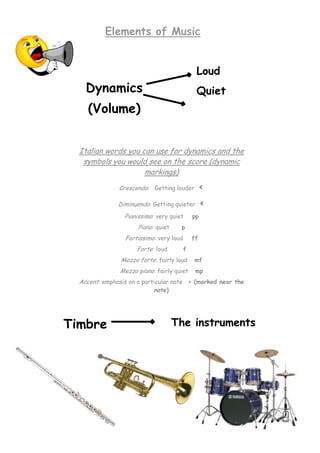 Elements of Music
Loud

Dynamics

Quiet

(Volume)
Italian words you can use for dynamics and the
symbols you would see on the score (dynamic
markings)
Crescendo: Getting louder

<

Diminuendo: Getting quieter

<

Pianissimo: very quiet
Piano: quiet

p

Fortissimo: very loud
Forte: loud

pp
ff

f

Mezzo forte: fairly loud

mf

Mezzo piano: fairly quiet

mp

Accent: emphasis on a particular note > (marked near the
note)

Timbre

The instruments

 