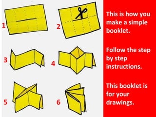 This is how you
make a simple
booklet.
Follow the step
by step
instructions.
This booklet is
for your
drawings.
1 2
3 4
5 6
 