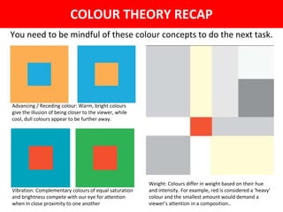 COLOUR THEORY RECAP
You need to be mindful of these colour concepts to do the next task.
Advancing / Receding colour: Warm, bright colours
give the illusion of being closer to the viewer, while
cool, dull colours appear to be further away.
Vibration: Complementary colours of equal saturation
and brightness compete with our eye for attention
when in close proximity to one another
Weight: Colours differ in weight based on their hue
and intensity. For example, red is considered a ‘heavy’
colour and the smallest amount would demand a
viewer’s attention in a composition..
 