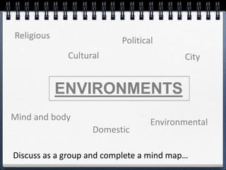 Religious
Cultural
Political
City
Mind and body
Domestic
Environmental
ENVIRONMENTS
Discuss as a group and complete a mind map…
 