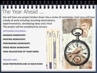 The Year Ahead ...
You will have one project broken down into a series of workshops. Each area will have
a body of work including recording observations, media
experimentation, developing ideas and a final piece.
The project will be completed by January
SEPTEMBER-DECEMBER…
DRAWING WORKSHOPS
PAINTING WORKSHOPS:
PRINTMAKING WORKSHOPS:
MIXED MEDIA WORKSHOPS
FINAL REALISATIONS OF YEARS WORK.
JANUARY-MAY…
EXAM PREPERATION AND 10 HOUR EXAM
 