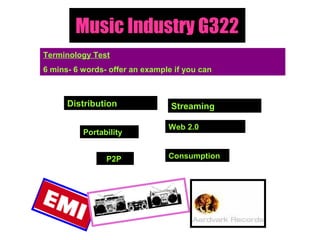 Music Industry G322
Terminology Test
6 mins- 6 words- offer an example if you can
Distribution
Portability
Web 2.0
ConsumptionP2P
Streaming
 