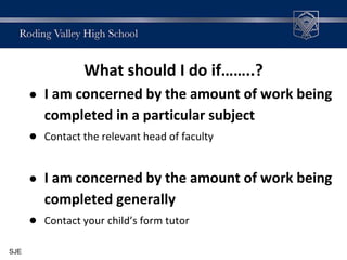 What should I do if……..?
● I am concerned by the amount of work being
completed in a particular subject
● Contact the relevant head of faculty
● I am concerned by the amount of work being
completed generally
● Contact your child’s form tutor
SJE
 