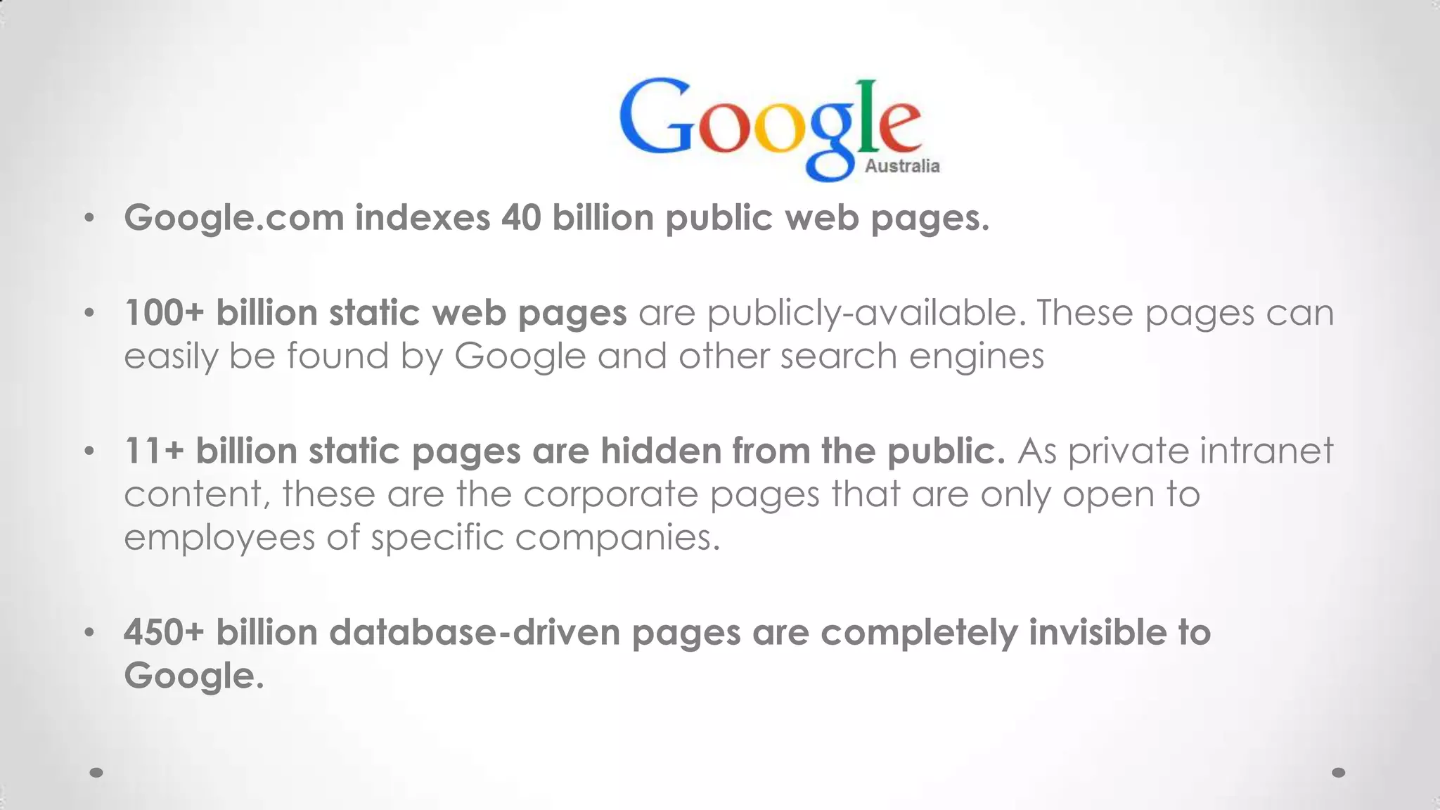 • Google.com indexes 40 billion public web pages.
• 100+ billion static web pages are publicly-available. These pages can
easily be found by Google and other search engines

• 11+ billion static pages are hidden from the public. As private intranet
content, these are the corporate pages that are only open to
employees of specific companies.
• 450+ billion database-driven pages are completely invisible to
Google.

 