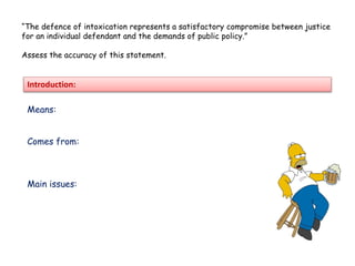 “The defence of intoxication represents a satisfactory compromise between justice
for an individual defendant and the demands of public policy.”
Assess the accuracy of this statement.
Introduction:
Means:
Comes from:
Main issues:
 