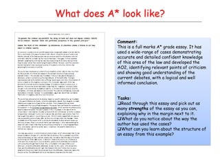 What does A* look like?
Comment:
This is a full marks A* grade essay. It has
used a wide-range of cases demonstrating
accurate and detailed confident knowledge
of this area of the law and developed the
AO2, identifying relevant points of criticism
and showing good understanding of the
current debates, with a logical and well
informed conclusion.
Tasks:
Read through this essay and pick out as
many strengths of the essay as you can,
explaining why in the margin next to it.
What do you notice about the way the
author has used the cases?
What can you learn about the structure of
an essay from this example?
 