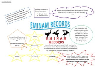 EminamRecords is a BritishMajor recordlabel, firstcreated
in 1980 by Emily and Sanam and has been running for 35
years.
This record labels gives
people the opportunity to
express themselves
through music in all sorts
of ways, giving them the
chance to show off their
persona and create
something unique.
SubsidiaryCompaniesof
EminamRecordsare;
 Oh La La Music
 Edge Production
Eminam Records focus mainly
on the genre of Hip-Hop and
R&B.
Stars that are signed to this
label are
Eminem
Mariah Carey
The WeekndRihanna Chris Brown
Eminam Records logo represents the fun side to our label by
showing dance moves which represent the Hip-hop/ R&B genre.
Our name isbright and bold and stands which makes a statement
and shows Hip-hop and R&B to be a bright bold genre.
Sanam Harrinanan
Eminam Records works hard to promote,
create and give every devoted time and
energy in helping them to produce the new
trendy music for our generation today.
 