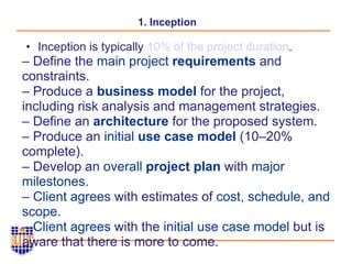 1. Inception
• Inception is typically 10% of the project duration.
– Define the main project requirements and
constraints.
– Produce a business model for the project,
including risk analysis and management strategies.
– Define an architecture for the proposed system.
– Produce an initial use case model (10–20%
complete).
– Develop an overall project plan with major
milestones.
– Client agrees with estimates of cost, schedule, and
scope.
– Client agrees with the initial use case model but is
aware that there is more to come.
 