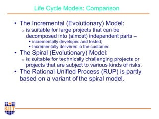 Life Cycle Models: Comparison
• The Incremental (Evolutionary) Model:
o is suitable for large projects that can be
decomposed into (almost) independent parts –
 incrementally developed and tested;
 Incrementally delivered to the customer.
• The Spiral (Evolutionary) Model:
o is suitable for technically challenging projects or
projects that are subject to various kinds of risks.
• The Rational Unified Process (RUP) is partly
based on a variant of the spiral model.
 