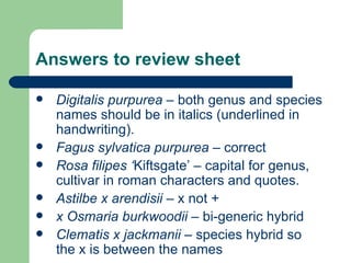 Answers to review sheet Digitalis purpurea  – both genus and species names should be in italics (underlined in handwriting). Fagus sylvatica purpurea  – correct Rosa filipes ‘ Kiftsgate’ – capital for genus, cultivar in roman characters and quotes. Astilbe x arendisii –  x not + x Osmaria burkwoodii –  bi-generic hybrid Clematis x jackmanii  – species hybrid so the x is between the names 
