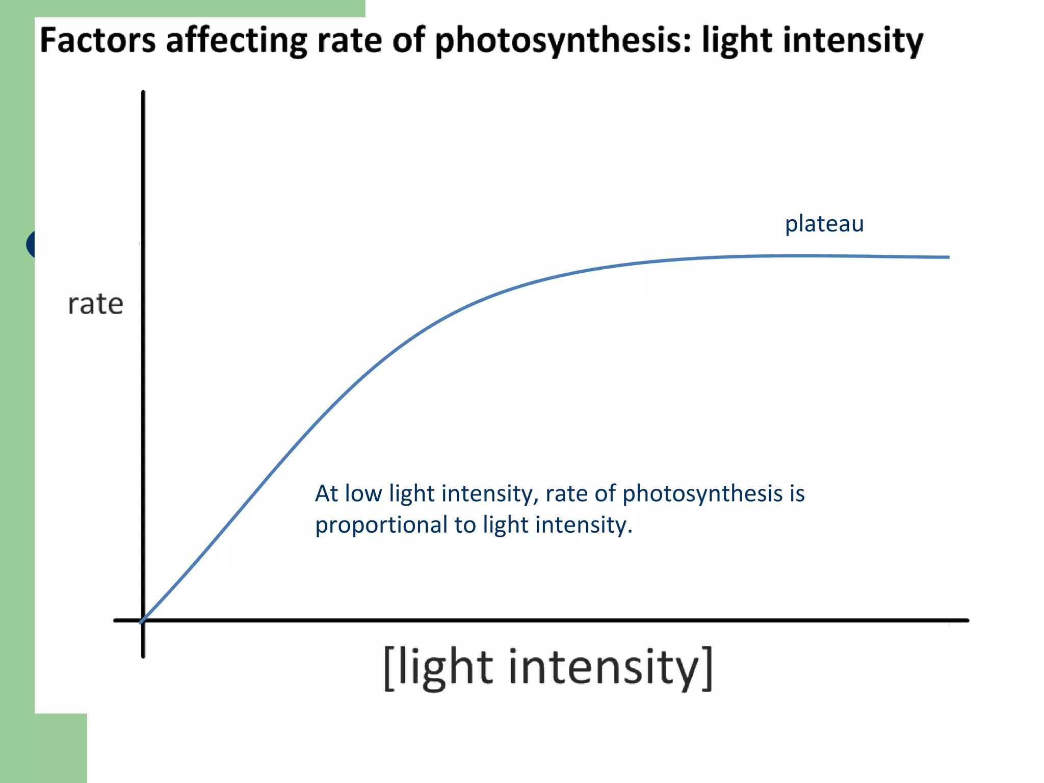 plateau

At low light intensity, rate of photosynthesis is
proportional to light intensity.

 