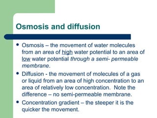 Osmosis and diffusion
Osmosis – the movement of water molecules
from an area of high water potential to an area of
low water potential through a semi- permeable
membrane.
 Diffusion - the movement of molecules of a gas
or liquid from an area of high concentration to an
area of relatively low concentration. Note the
difference – no semi-permeable membrane.
 Concentration gradient – the steeper it is the
quicker the movement.


 