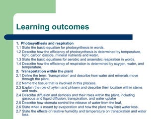 Learning outcomes
1. Photosynthesis and respiration
1.1 State the basic equation for photosynthesis in words.
1.2 Describe how the efficiency of photosynthesis is determined by temperature,
light, carbon dioxide, mineral nutrients and water.
1.3 State the basic equations for aerobic and anaerobic respiration in words.
1.4 Describe how the efficiency of respiration is determined by oxygen, water, and
temperature.
2. Transportation within the plant
2.1 Define the term: ‘transpiration’ and describe how water and minerals move
through the plant.
2.2 Name the tissue that is involved in this process.
2.3 Explain the role of xylem and phloem and describe their location within stems
and roots.
2.4 Describe diffusion and osmosis and their roles within the plant, including
gaseous and liquid diffusion, transpiration, and water uptake
2.5 Describe how stomata control the release of water from the leaf.
2.6 State what is meant by evaporation and how the plant may limit water loss.
2.7 State the effects of relative humidity and temperature on transpiration and water
loss.

 