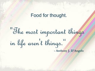 Food for thought.


"The most important things
in life aren't things.“
                 - Anthony J. D'Angelo
 