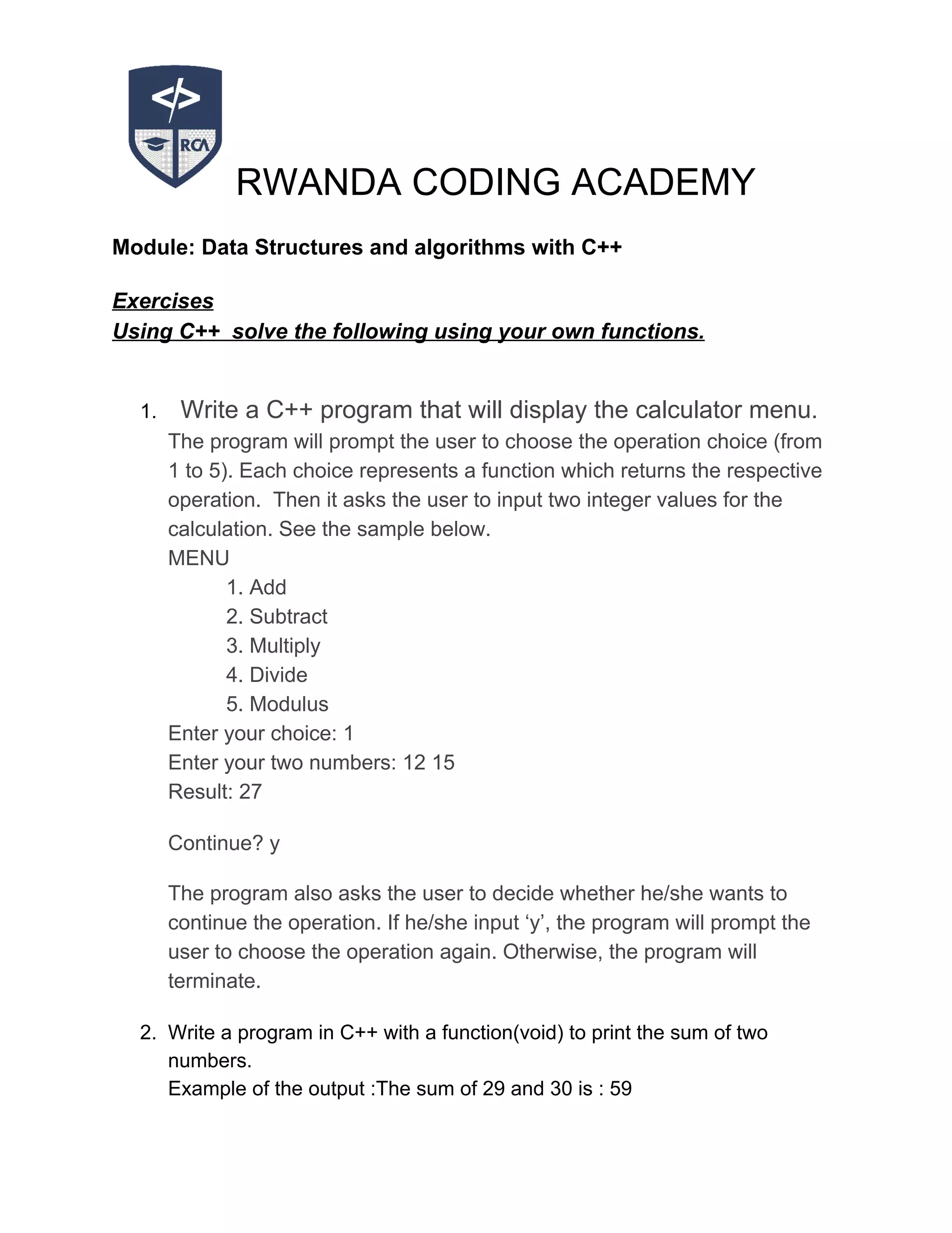 Year 2 dsa c++ exercises on user defined functions | PDF | Free Download