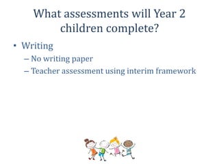 What assessments will Year 2
children complete?
• Writing
– No writing paper
– Teacher assessment using interim framework
 