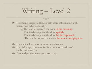 Writing – Level 2
 Extending simple sentences with extra information with
when, how where and why:-
Eg The teacher opened the door in the morning.
The teacher opened the door quickly.
The teacher opened the door by the cupboard.
The teacher opened the door because it was playtime.
 Use capital letters for sentences and names.
 Use full stops, commas for lists, question marks and
exclamation marks.
 Past and present tense used correctly.
 