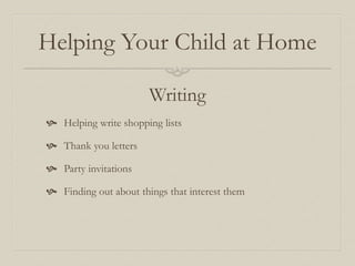 Helping Your Child at Home
Writing
 Helping write shopping lists
 Thank you letters
 Party invitations
 Finding out about things that interest them
 