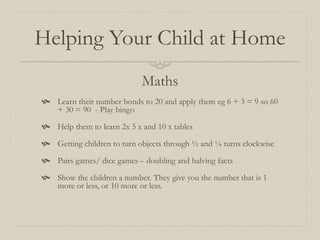 Helping Your Child at Home
Maths
 Learn their number bonds to 20 and apply them eg 6 + 3 = 9 so 60
+ 30 = 90 - Play bingo
 Help them to learn 2x 5 x and 10 x tables
 Getting children to turn objects through ½ and ¼ turns clockwise
 Pairs games/ dice games – doubling and halving facts
 Show the children a number. They give you the number that is 1
more or less, or 10 more or less.
 