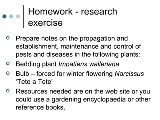 Homework - research exercise Prepare notes on the propagation and establishment, maintenance and control of pests and diseases in the following plants: Bedding plant  Impatiens walleriana  Bulb – forced for winter flowering  Narcissus  ‘Tete a Tete’  Resources needed are on the web site or you could use a gardening encyclopaedia or other reference books. 