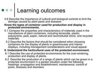 Learning outcomes 4.6 Describe the importance of cultural and biological controls to limit the damage caused by plant pests and diseases  Know the types of container used for production and display in protected environments.  5.1 Compare the properties and characteristics of materials used in the manufacture of plant containers, including terracotta, plastic, polystyrene, peat, paper, natural and reconstituted stone, and recycled materials. 5.2 Describe the factors that should be considered when choosing containers for the display of plants in greenhouses and interior displays, including management considerations and visual appeal.  6. Understand the horticultural uses of the protected environment. 6.1 Describe the use of protected environments for the over-wintering, production and display of plants. 6.2  Describe the production of a range of plants which can be grown in a protected environment in a garden situation under the following headings: propagation and establishment; maintenance; control of pests, diseases and disorders.  