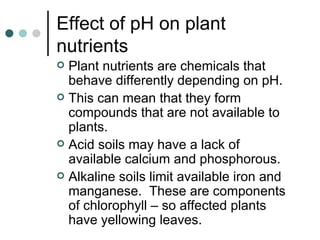 Effect of pH on plant nutrients Plant nutrients are chemicals that behave differently depending on pH. This can mean that they form compounds that are not available to plants. Acid soils may have a lack of available calcium and phosphorous. Alkaline soils limit available iron and manganese.  These are components of chlorophyll – so affected plants have yellowing leaves. 