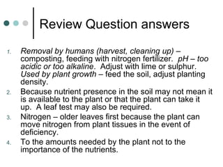 Review Question answers
1. Removal by humans (harvest, cleaning up) –
composting, feeding with nitrogen fertilizer. pH – too
acidic or too alkaline. Adjust with lime or sulphur.
Used by plant growth – feed the soil, adjust planting
density.
2. Because nutrient presence in the soil may not mean it
is available to the plant or that the plant can take it
up. A leaf test may also be required.
3. Nitrogen – older leaves first because the plant can
move nitrogen from plant tissues in the event of
deficiency.
4. To the amounts needed by the plant not to the
importance of the nutrients.
 
