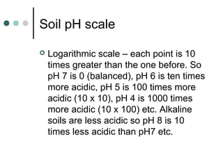 Soil pH scale
 Logarithmic scale – each point is 10
times greater than the one before. So
pH 7 is 0 (balanced), pH 6 is ten times
more acidic, pH 5 is 100 times more
acidic (10 x 10), pH 4 is 1000 times
more acidic (10 x 100) etc. Alkaline
soils are less acidic so pH 8 is 10
times less acidic than pH7 etc.
 