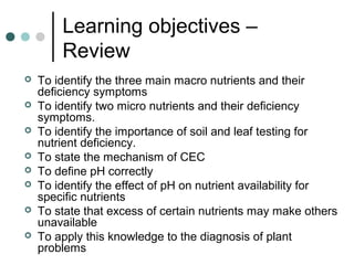Learning objectives –
Review
 To identify the three main macro nutrients and their
deficiency symptoms
 To identify two micro nutrients and their deficiency
symptoms.
 To identify the importance of soil and leaf testing for
nutrient deficiency.
 To state the mechanism of CEC
 To define pH correctly
 To identify the effect of pH on nutrient availability for
specific nutrients
 To state that excess of certain nutrients may make others
unavailable
 To apply this knowledge to the diagnosis of plant
problems
 