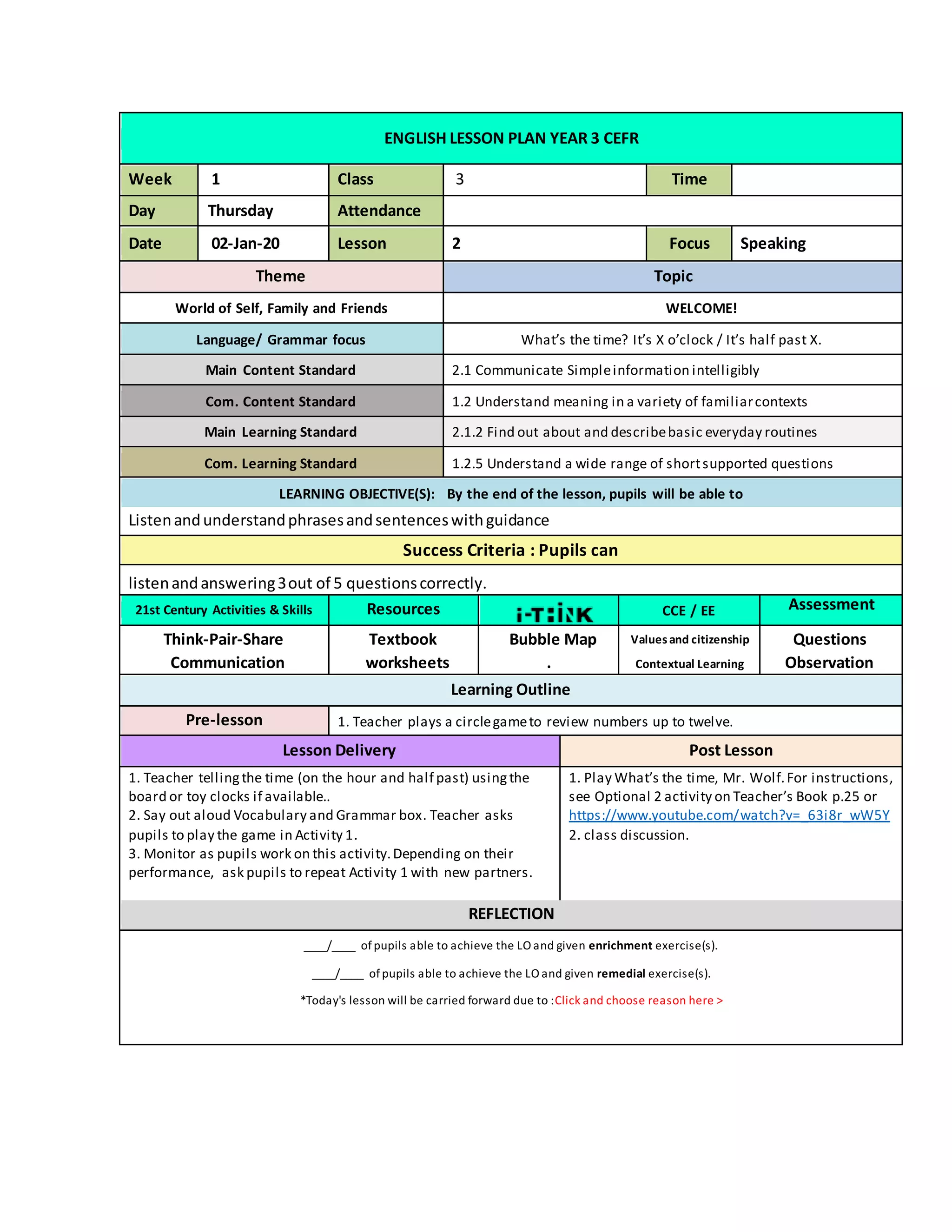 Year 3 cefr sjk unit 1 welcome | DOCX