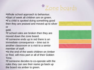 •Whole school approach to behaviour.
•Start of week all children are on green.
•If a child is spotted doing something good
then they are praised and moved up to silver
or
gold.
•If school rules are broken then they are
moved down the zone board.
•If someone ends up in red there is an
immediate consequence – time out in
another classroom or a visit to a senior
member of staff.
•At the end of the week children on Amber
or Red, will miss part or all of their Golden
Time.
•If someone decides to co-operate with the
rules they can see their name go back up
the board via amber to green.
 