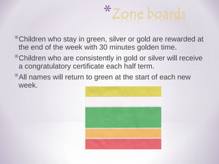 *Children who stay in green, silver or gold are rewarded at
the end of the week with 30 minutes golden time.
*Children who are consistently in gold or silver will receive
a congratulatory certificate each half term.
*All names will return to green at the start of each new
week.
 
