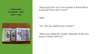 “How many tens are in the number 6 thousands 4
hundreds 9 tens and 7 ones?”
“ 649.”
“Yes. Can you explain your answer?”
“When we unfold the number expander to the tens
house it shows 649 tens”.

 