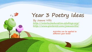 Year 3 Poetry Ideas
By Joanne Villis
http://intertecheducation.edublogs.org/
http://www.pinterest.com/joannevillis/
Activities can be applied to
different year levels!
 