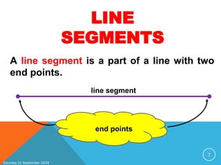 Saturday 21 September 2024
7
A line segment is a part of a line with two
end points.
LINE
SEGMENTS
line segment
end points
 