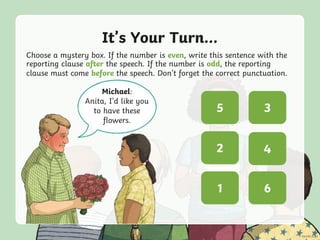 It’s Your Turn...
Choose a mystery box. If the number is even, write this sentence with the
reporting clause after the speech. If the number is odd, the reporting
clause must come before the speech. Don’t forget the correct punctuation.
Michael:
Anita, I’d like you
to have these
flowers.
? ?
? ?
? ?
5 3
2 4
1 6
 