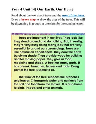 Year 4 Unit 14) Our Earth, Our Home
Read about the text about trees and the uses of the trees.
Draw a brace map to show the uses of the trees. This will
be discussing in groups in the class for the coming lesson.
 