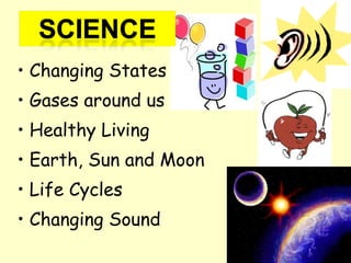 • Changing States
• Gases around us
• Healthy Living
• Earth, Sun and Moon
• Life Cycles
• Changing Sound
 