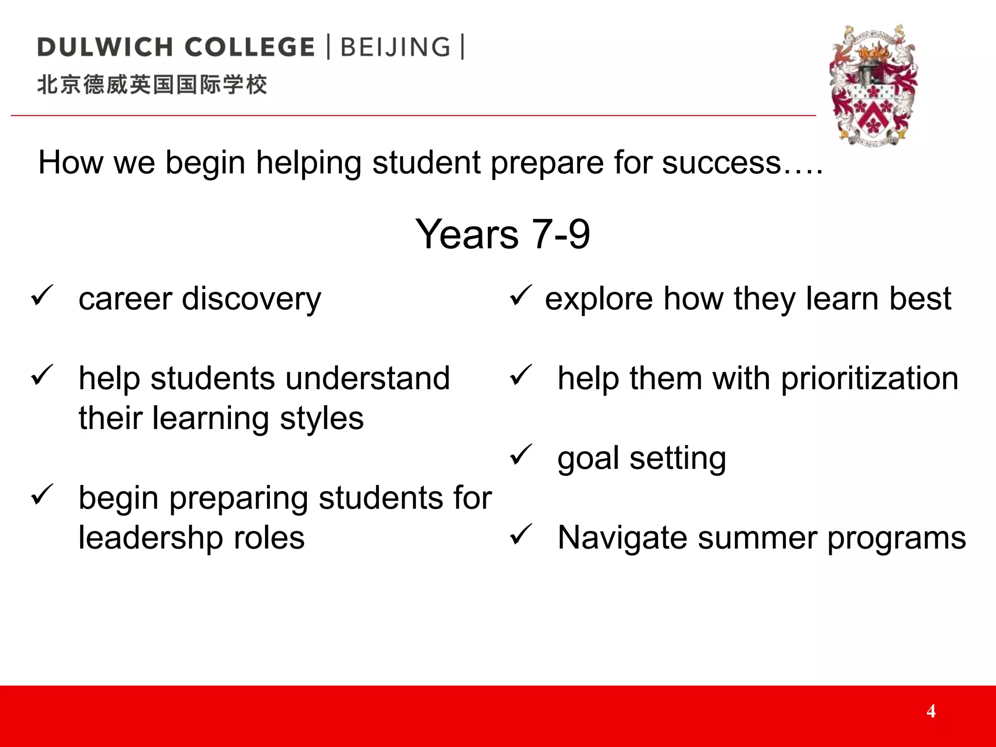 4
How we begin helping student prepare for success….
Years 7-9
 career discovery
 help students understand
their learning styles
 begin preparing students for
leadershp roles
 explore how they learn best
 help them with prioritization
 goal setting
 Navigate summer programs
 
