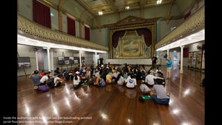 Inside the auditorium with beautiful cast iron balustrading polished
jarrah floor and famous Philip Goacher Stage Curtain.
 