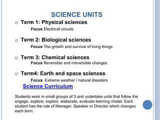 SCIENCE UNITS
o Term 1: Physical sciences
Focus Electrical circuits
o Term 2: Biological sciences
Focus The growth and survival of living things
o Term 3: Chemical sciences
Focus Reversible and irreversible changes
o Term4: Earth and space sciences
Focus Extreme weather / natural disasters
Science Curriculum
Students work in small groups of 3 and undertake units that follow the
engage, explore, explain, elaborate, evaluate learning model. Each
student has the role of Manager, Speaker or Director which changes
each term.
 