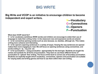 BIG WRITE
Big Write and VCOP is an initiative to encourage children to become
independent and expert writers.
V—Vocabulary
C—Connectives
O—Openers
P—Punctuation
What does VCOP stand for?
V - is for vocabulary (ambitious WOW words) and children are encourage to widen their use of
language to make their writing richer. In the classroom new and expressive words are shared.
C - is for connectives (joining words) such as and, because, so, besides, although etc. This makes
writing more cohesive and interesting.
O - is for openers (opening sentences in a variety of ways). Varying the way sentences are opened
makes them more engaging to read. We will focus on opening sentences using connectives, and
words ending in –ly, –ing and –ed.
P - is for punctuation— using punctuation appropriately for the text type. Students are taught the
names and symbols for all forms of punctuation. They learn to use these different forms of
punctuation to ‘uplevel’ their writing. The focus at this level is correct use of boundary punctuation.
Students are explicitly taught which vocabulary, connectives, openers and punctuation are suitable
for varying tasks and writing genres and how to use them within their own writing.
 