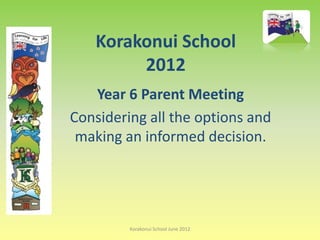 Korakonui School
        2012
   Year 6 Parent Meeting
Considering all the options and
 making an informed decision.




         Korakonui School June 2012
 