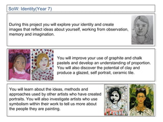 SoW: Identity(Year 7)
During this project you will explore your identity and create
images that reflect ideas about yourself, working from observation,
memory and imagination.

You will improve your use of graphite and chalk
pastels and develop an understanding of proportion.
You will also discover the potential of clay and
produce a glazed, self portrait, ceramic tile.

You will learn about the ideas, methods and
approaches used by other artists who have created
portraits. You will also investigate artists who use
symbolism within their work to tell us more about
the people they are painting.

 