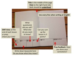 Title in the middle of the page
Date to the right hand side
Both should be underlined
DIRT time: at the
end of each lesson
or prep,
Check your GAS!
Write down keywords here
Do you know what they mean?
What
question(s)
did you ask?
What else
do you want
to know?
Can you sum
up the
lesson in 3
points?
Prep feedback: Have
you done your
corrections?
Use every line when writing at length!
 