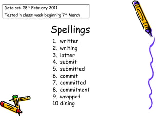 Spellings written writing latter submit submitted commit committed commitment wrapped dining Date set: 28 th  February 2011 Tested in class: week beginning 7 th  March 